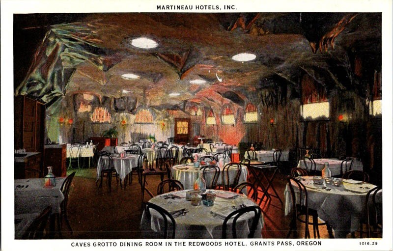 Postcard Inn Logo Grants Pass OR postcard CAVES GROTTO DINING ROOM IN REDWOODS HOTEL o/17 ...
