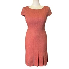 Talbots Wool Blend Herringbone Sheath Dress Coral Orange Pleated Hem Size 10