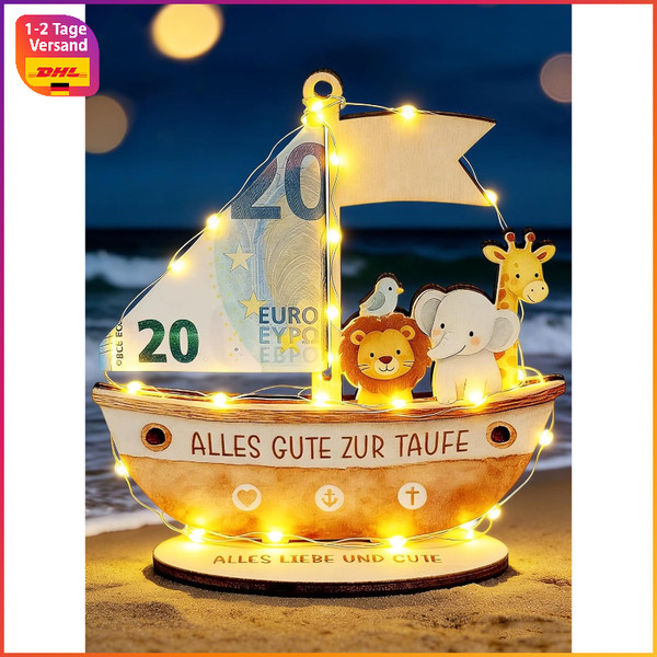Taufgeschenk Holz Arche Mit Led Lichterkette Geldgeschenk FüR Patenkind MäDchen-image