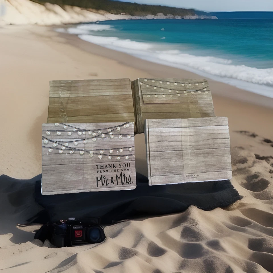 Tarjetas y sobres de agradecimiento de boda rústicos con luces de madera y cuerda 4"x5,25 50 en total Foto 3 de 3