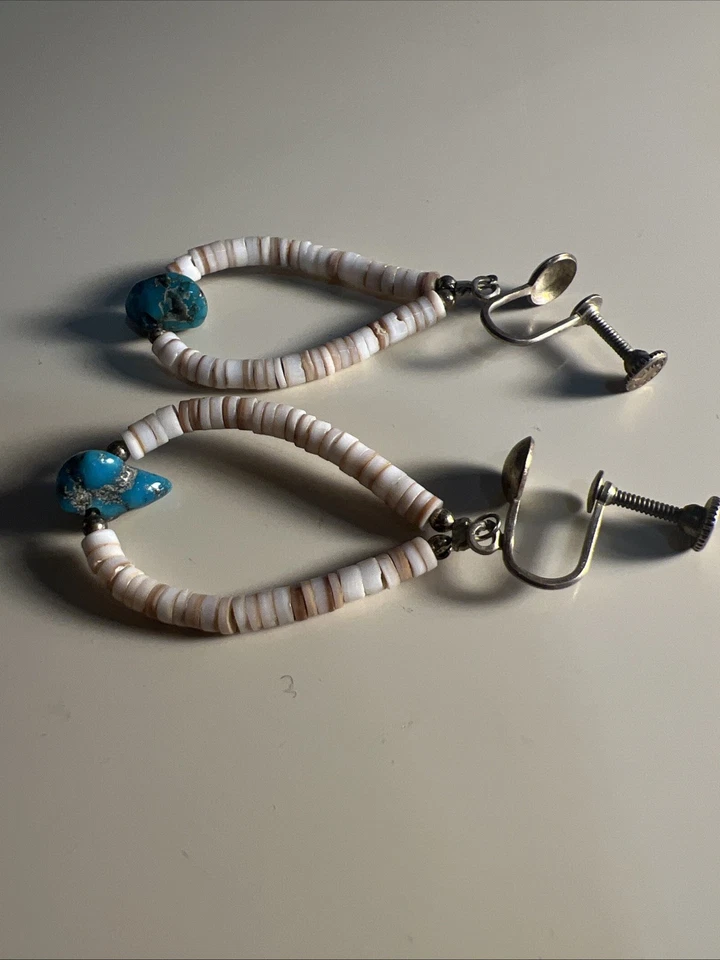Pendientes colgantes Heishi navajo de plata de ley concha turquesa años 60’s Foto 4 de 4