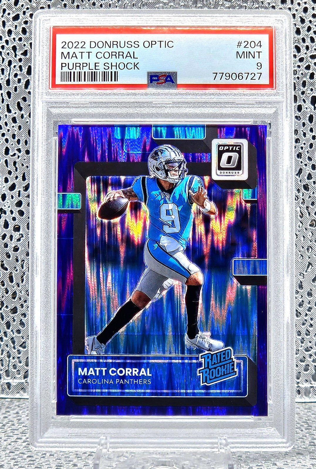 2022 Donruss Optic Matt Corral Purple Shock Rookie #204 PSA Mint 9 Panthers