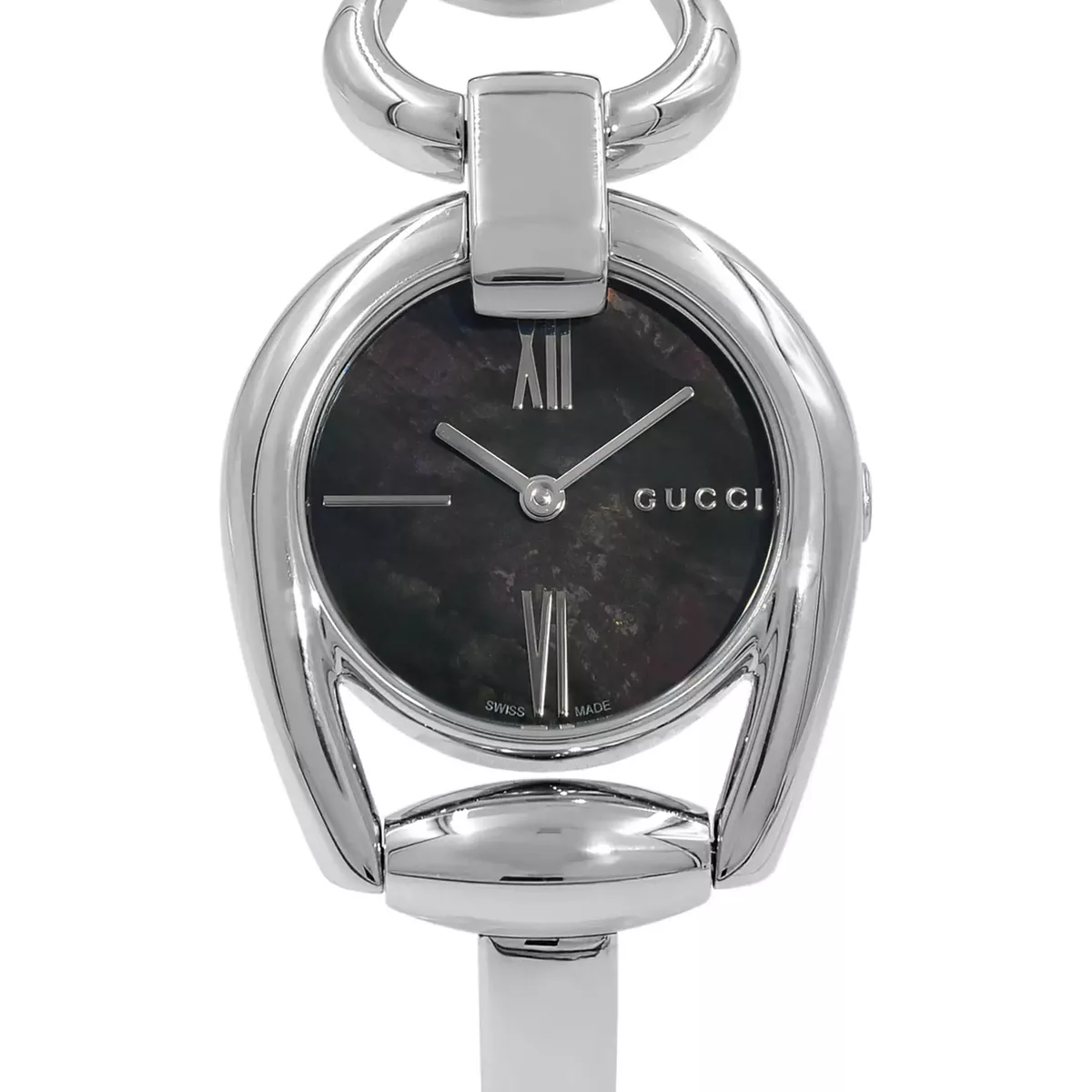 Gucci Horsebit Steel Bangle Bracelet Black MOP Dial Quartz Ladies