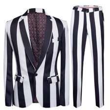 Wide Striped Men Suits Slim Fit Tuxedo Jacket Pants Notch Lapel Single Breasted