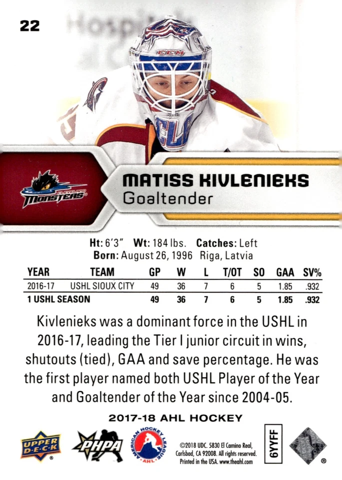 Matiss Kivlenieks - Signed 2017-18 Upper Deck AHL Card #22 'Deceased' - Image 2 of 2