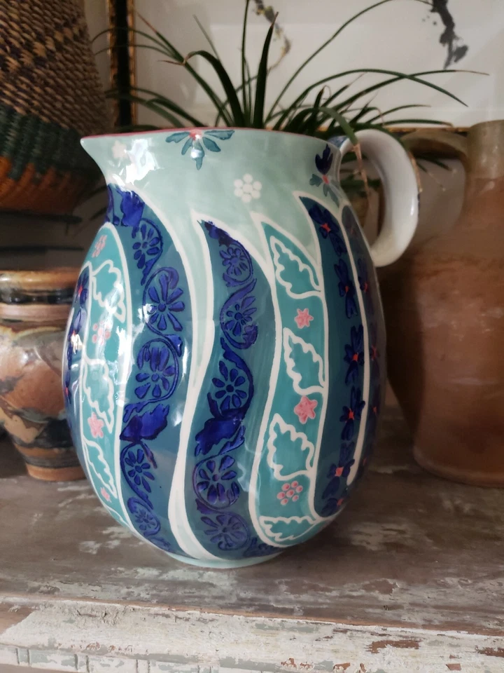 Jarra Grande Adele Anthropologie Verde y Azul Floral Nueva PINTADA A MANO Foto 4 de 4