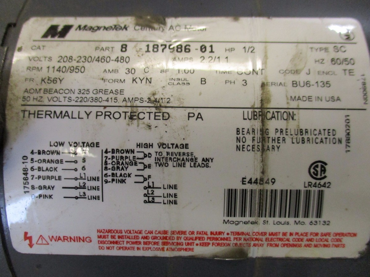 Magnetek Century AC Motor 8-187986-01 1/2HP 1140/950RPM K56Y Magnetek Century AC Motor 8-187986-01 1/2HP 1140/950RPM K56Y