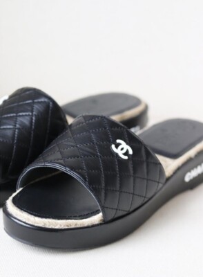 Chanel Interlocking CC Logo Quilted Mules Slide Sandal Slip On