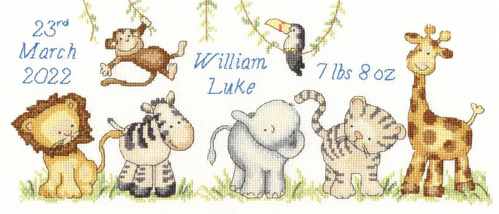 Bothy Threads XKG5 Jungle Welcome - Birth Sampler Counted Cross Stitch Kit