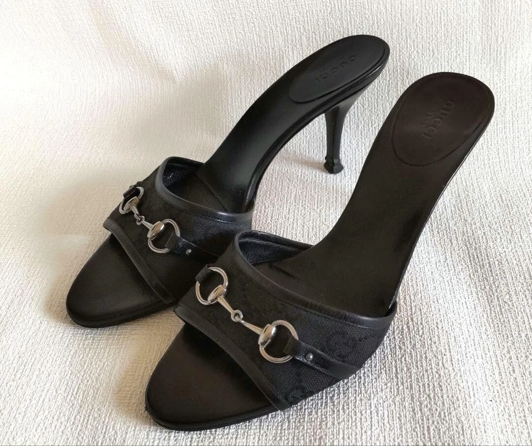 Sandales mules GUCCI Horsebit toile cuir noir motif signature taille 38 F/S