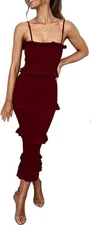 Women's Elegant Spaghetti Strap Elastic Ruched Frill Tiered Bodycon Smocked Long