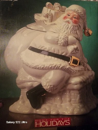 Tarro de galletas SANTA Navidad oro blanco cerámica hogar para las fiestas Santa con caja Foto 2 de 3