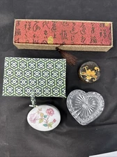 Lot Of 5 Trinket Boxes Glass Heart, Wood Box, Toscany Ceramic, Asian Cloth