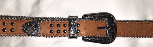 Light Brown Genuine Leather Western Belt Silver Studs Grommets Ornate One Size - Picture 3 of 3