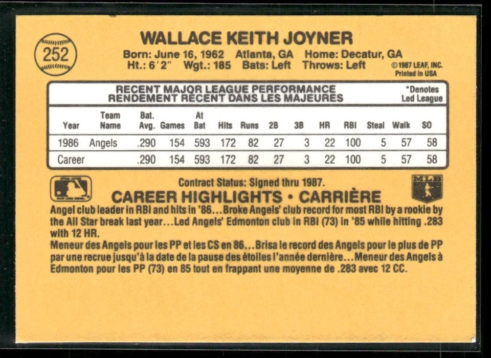 1987 Leaf #252 Wally Joyner California Angels - Image 2 of 2