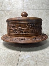 Vintage 1970s Tiki Cake Stand / Lazy Susan Hand Carved Wood 