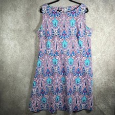 Talbots Dress Womens 1X Purple Paisley Sleeveless Knee Length Boat Neck Shift