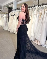 Black Boho Wedding Dress Lace Appliques Long Train Spaghetti Strap Illusion Open