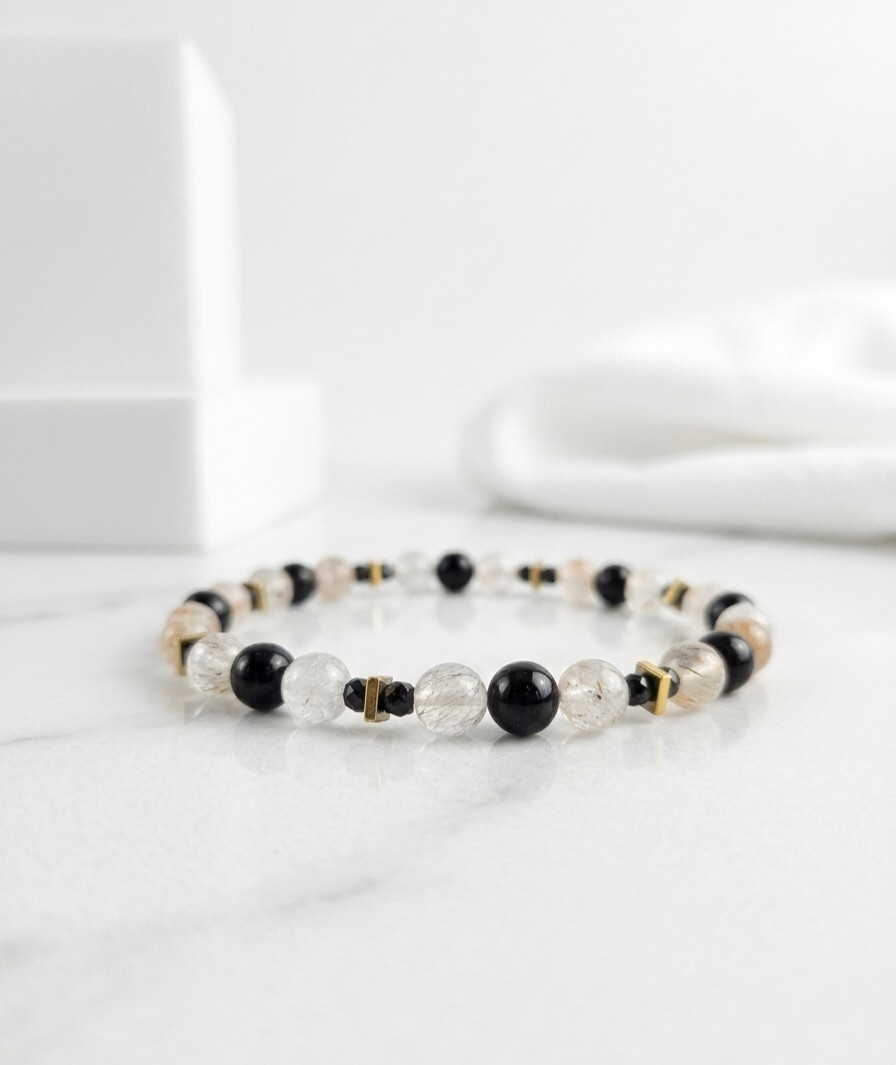 Bracelet Quartz Rutile Tourmaline Noire Agata, Fini les Bijoux Ternes en Or 18K Durable