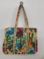 New Frida Kahlo Portrait Kantha Quilted Tote Bag - Cream Cotton Folk Art Bag