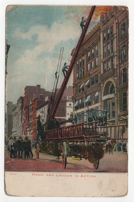 Hook & Ladder in Action Postcard Firefighter Fire Truck Scene Vintage WORN