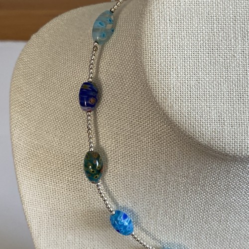 Millefiori Glass Beaded Necklace Silver tone Small Beads Adjustable Colorful - Picture 10 of 23