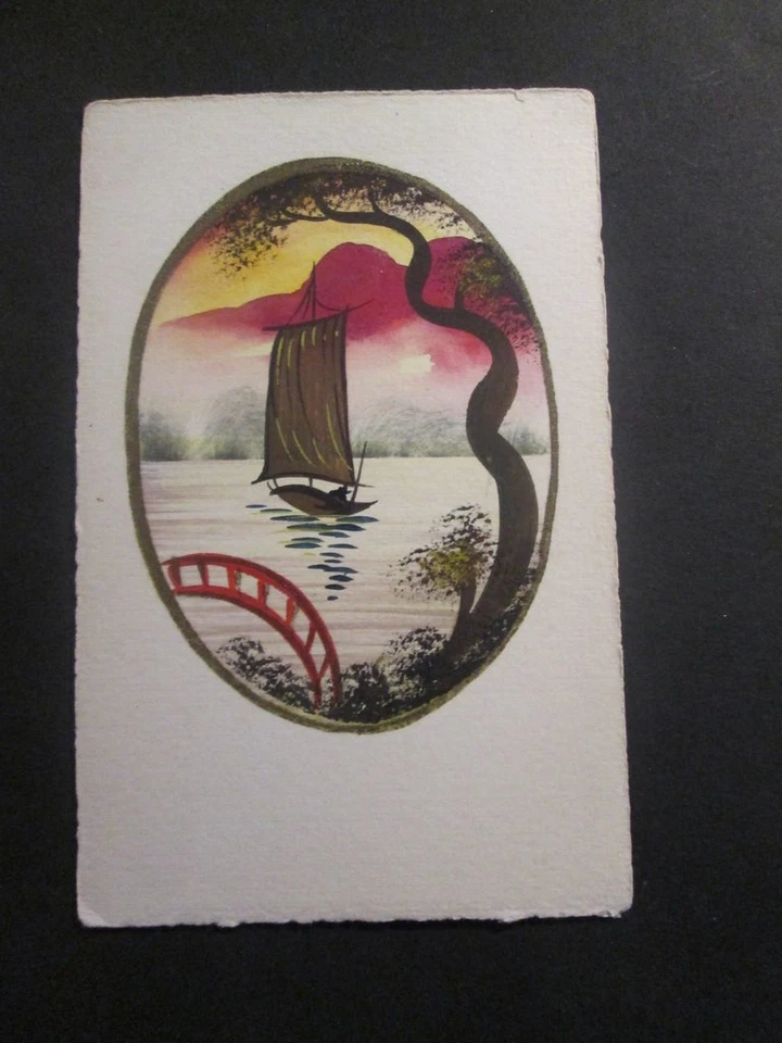 FANTAISIE mail art, carte peinte orifinale, barque sur lac - Photo 1/1