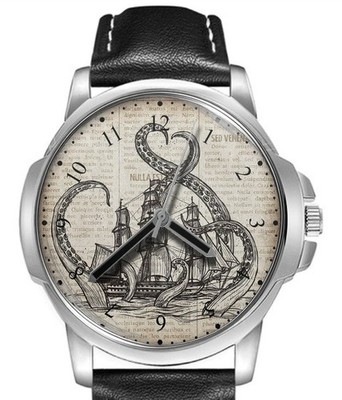 Oktopus verschränktes Schiff Retro Lederband großes Zifferblatt Geschenk Armbanduhr