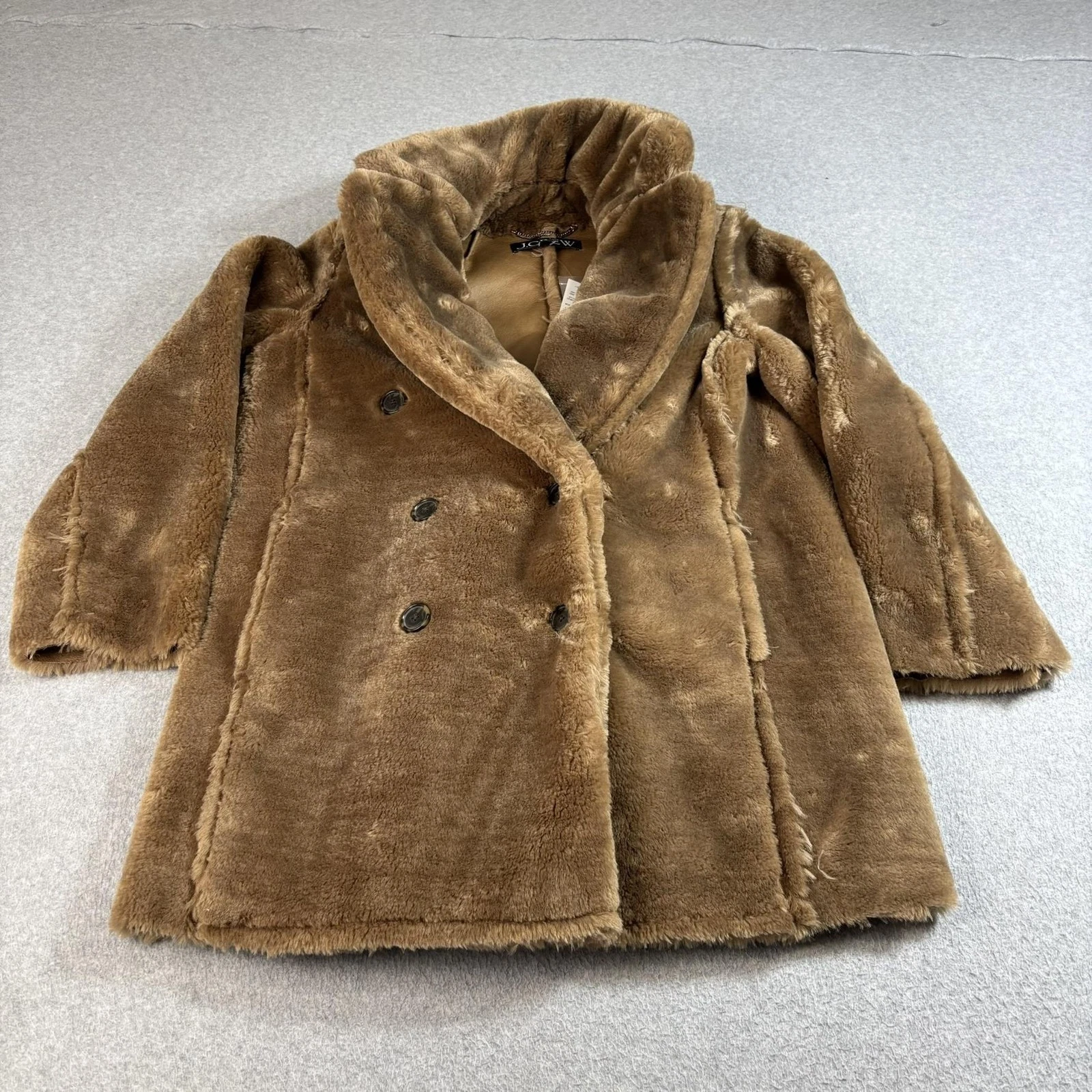 J Crew Faux Fur Coat Women XS Brown Long Double Breasted Teddy Jacket Heritage