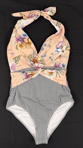 NWT M Cupshe Salmon Floral Navy Vertical Striped One Piece Halter Swimsuit Women