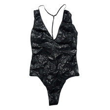 VINTAGE VICTORIA S SECRET Women s Black Metallic Lace Plunge Teddy Bodysuit Size