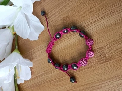 Bracelet fantaisie rose perlé avec strass – Années 2000 – Taille réglable / Pink - Photo 1/4