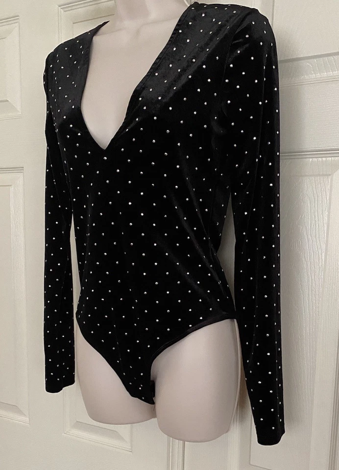 H&M ~ Sexy Body Top Negro Terciopelo Brillante Profundo Cuello en V Una Pieza Manga Larga S Foto 3 de 4