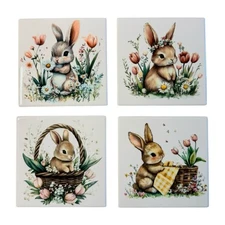 Custom Made 4” Ceramic Square Coasters Set Of 4-Easter~Basket~Rabbit~Tulips~Gift