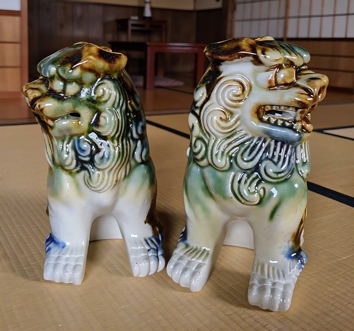 Vintage Okinawa Shisa Foo Dogs Pair Ryukyuan Pottery Green Glaze