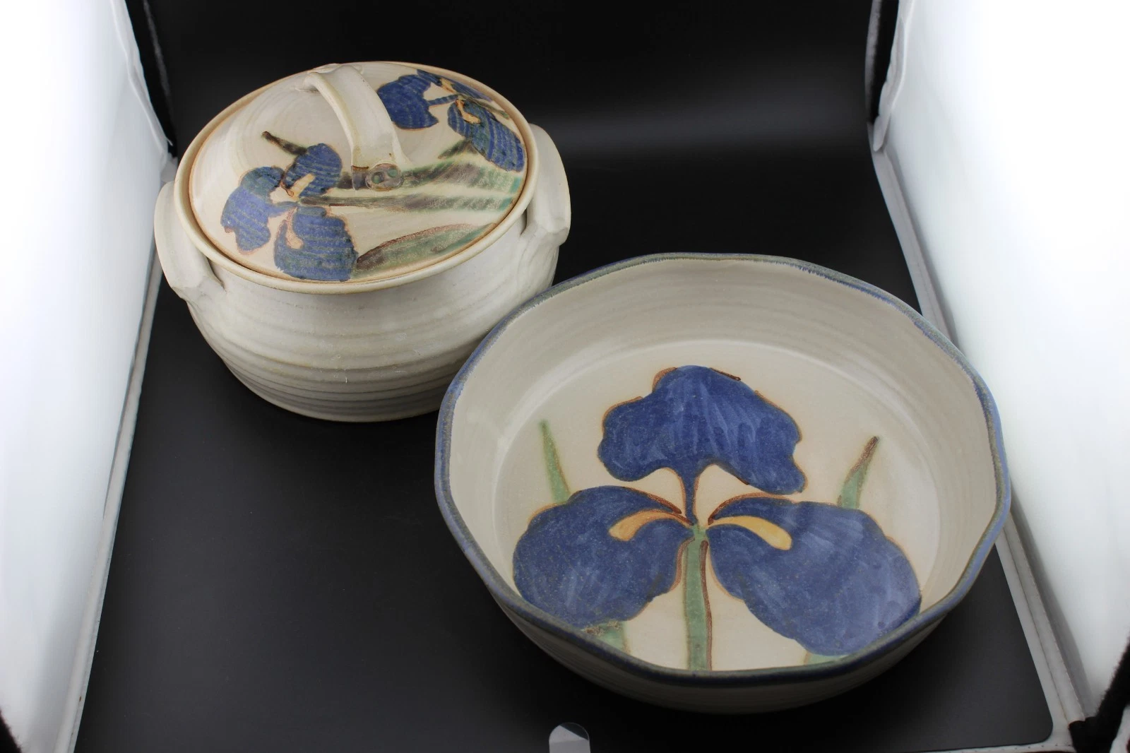 Handmade Stoneware Round Covered Dish & 9" Pie Plate Blue Iris Signed Hart '88