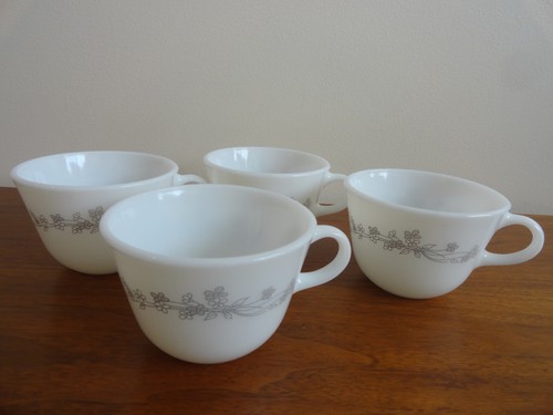 4 Corelle Corning Ribbon Bouquet Cups Mugs White Gray Flowers Milk Glass USA - Picture 2 of 10
