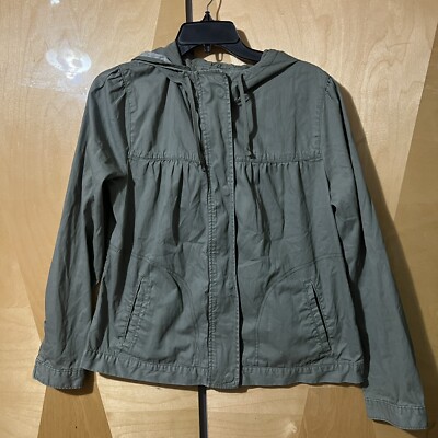 Gap Womens Jacket L Large Green Zipper Button Hooded Pockets Long Sleeve
