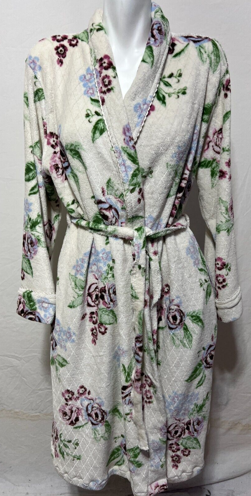 Oscar De La Renta Women Large XL Cream Floral Velour Robe Belt Midi