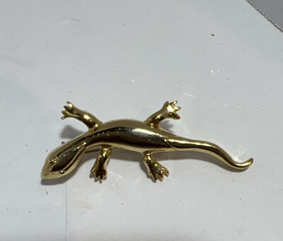 Vintage Lizard Brooch Pin Gold Tone Metal Fashion 2”X