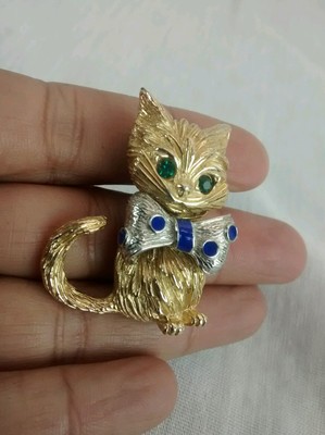 Cute vtg  Ciner  cat big bow enamel green crystal eyes gold tone pin brooch 