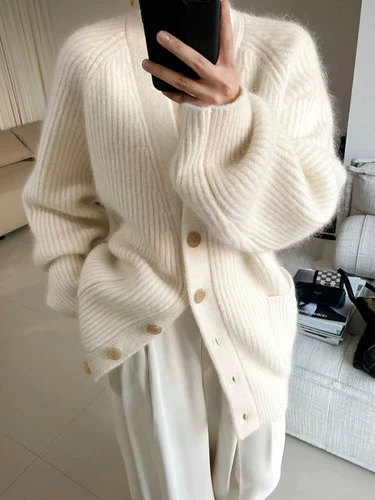 100% Wool Cashmere Cardigan Sweater Women Warm Loose Thicken Knit Sweater Jacket - Bild 2 von 13