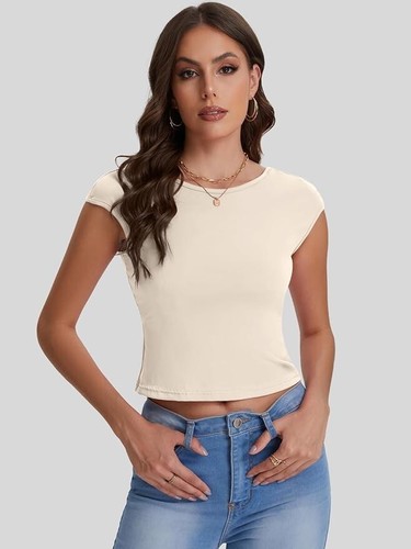 Apricot Womens Sexy Crop Top 2024 Summer Basic Short Sleeve T Shirts Backless - Picture 3 of 4