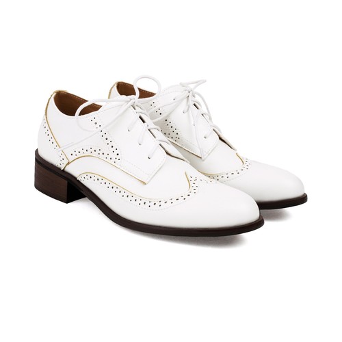 Retro flache Damen-Pumps mit Absatz British College Brogue passende Farbe Schuhe Flügelspitze - Bild 14 von 30