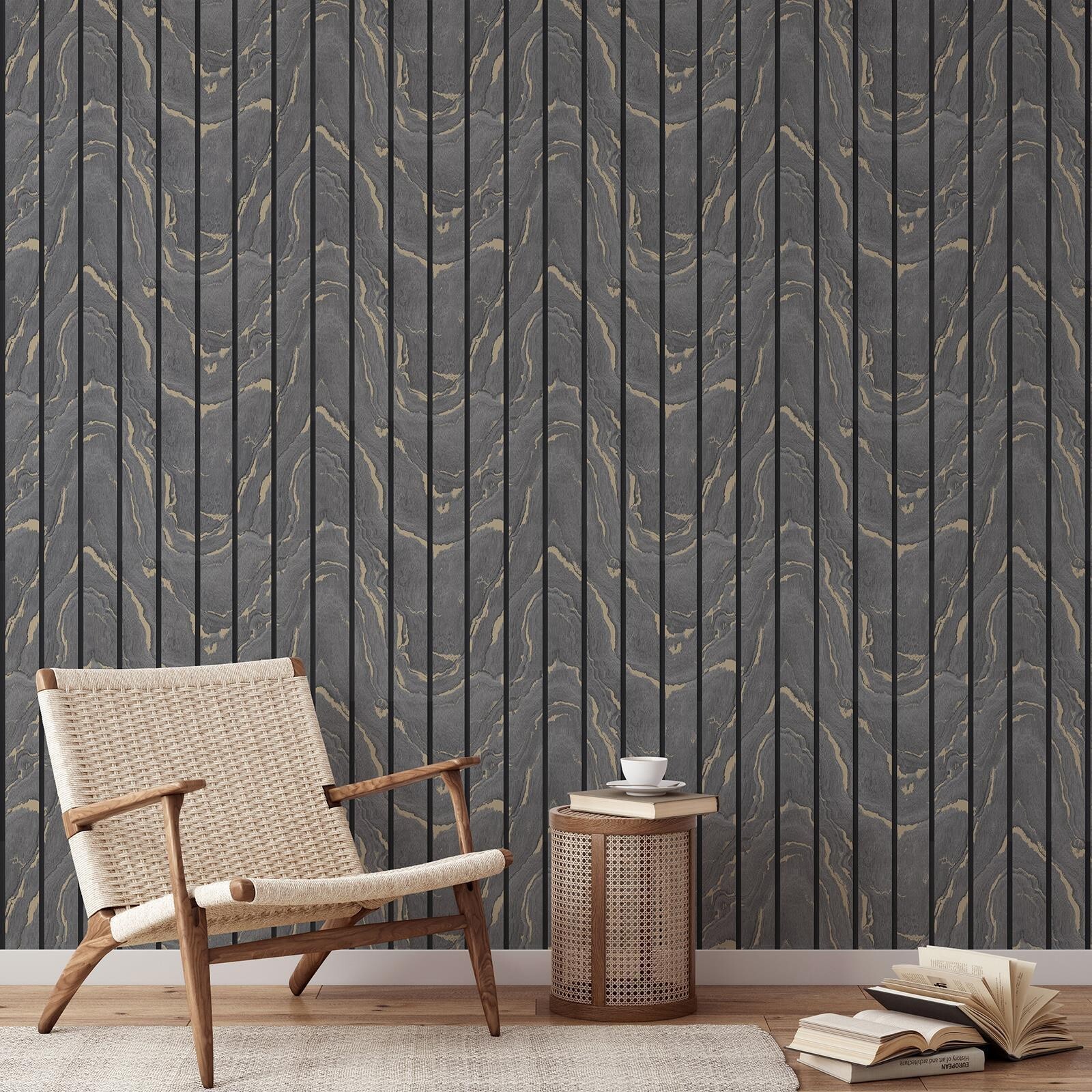 Muriva Woodgrain Panel Marble Wood Slats Effect Charcoal Metallic Gold Wallpaper