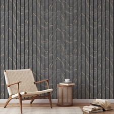 Image of Muriva Woodgrain Panel Marble Wood Slats Effect Charcoal Metallic Gold Wallpaper