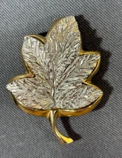 Vintage Signed LEDO 1963 Gold and Silver Tone Textured Shiny Leaf Brooch, 2.25"