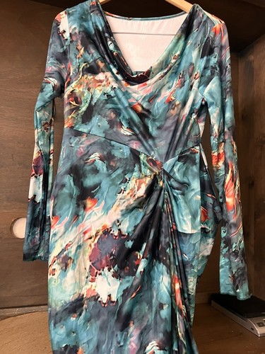 SHEIN SXY NEW BLUE ABSTRACT DRESS SIZE LARGE NWT POLY AND ELASTINE LONG SL DRAPE - Picture 2 of 6