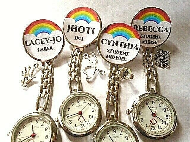 Personalised Nurse Watch Rainbow NAME OCCUPATION with dangle charms free p p UK