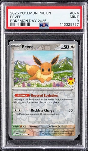 2025 POKEMON PRE EN-PRISMATIC EVOLUTIONS POKEMON DAY 2025 #074 EEVEE PSA 9